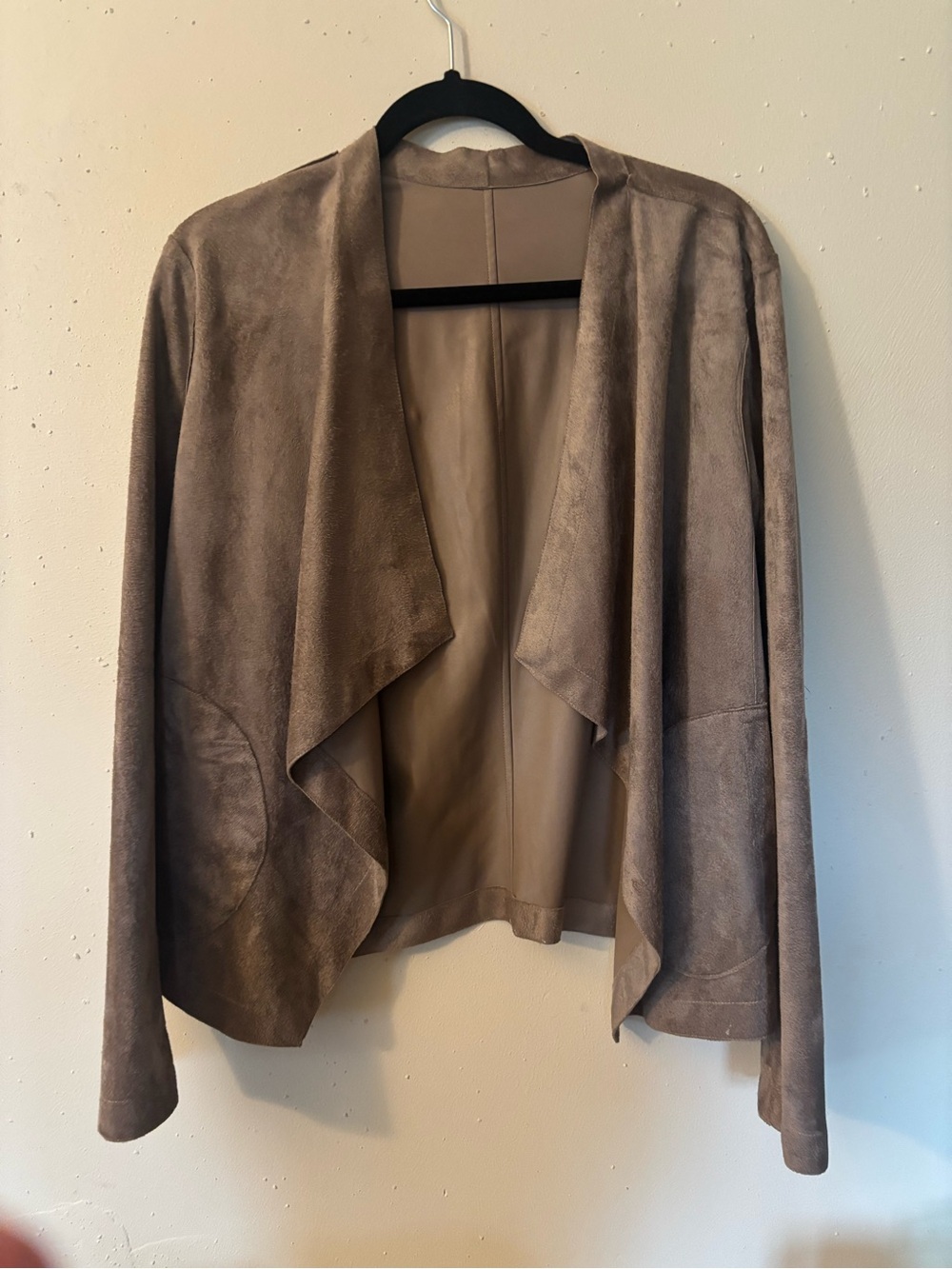 BB Dakota Taupe Suede-Look Draped Open Front Jacket reversible to leather